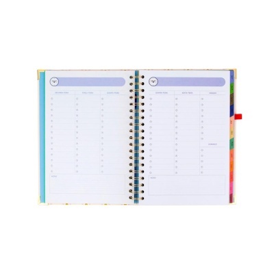 Agenda semanal aberta com páginas para planeamento e abas coloridas para meses.