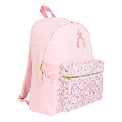 Mochila rosa clara com estampa de castelos e princesa