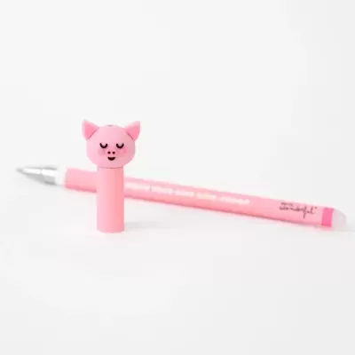 Caneta rosa com tampa de porco e texto branco em fundo branco
