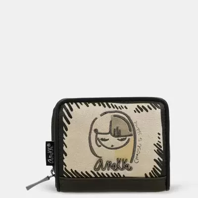 Carteira Anekke bege com ilustração e padrão riscado