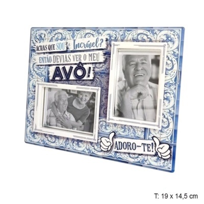 Porta-fotos azul decorativo com texto e duas molduras para fotografias