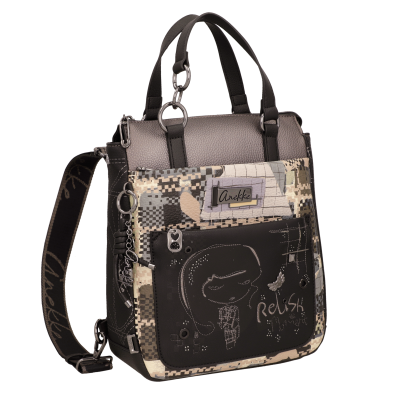 Mochila preta e bege com padrão geométrico e ilustração de rosto com texto Relish
