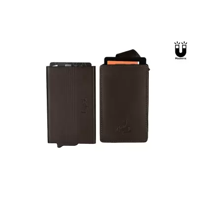 Dois porta-cartões de cartão em couro castanho escuro com logotipo MZBENGK