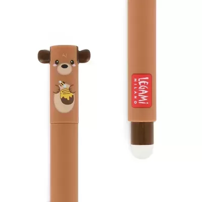 Caneta castanha com tampa em forma de cabeça de urso e texto LEGAMI MILANO