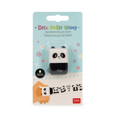 Carimbo decorativo em forma de panda em embalagem azul com flores