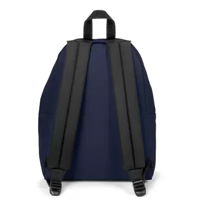 Mochila azul escura com alças acolchoadas pretas vista de costas
