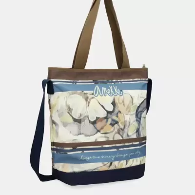 Mala tote com padrão floral abstrato e texto 'Anekke'.