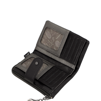 Carteira preta de couro com vários compartimentos e bolso com fecho