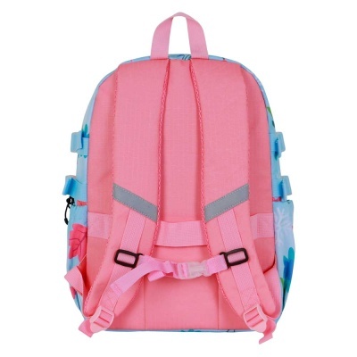 Mochila infantil rosa com padrão floral azul vista pelas costas