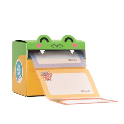 Caixa de notas autocolantes com design de sapo e notas coloridas