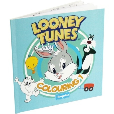 Capa de livro de colorir azul com personagens Looney Tunes baby e texto COLOURING 1