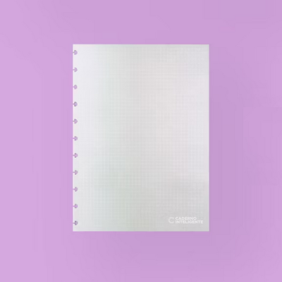 Folha branca quadriculada com furos para caderno, texto 'CADERNO INTELIGENTE' no canto inferior direito, fundo roxo