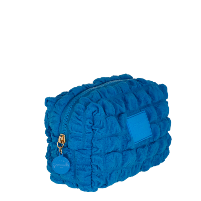 Estojo almofadado azul com fecho e textura felpuda acolchoada