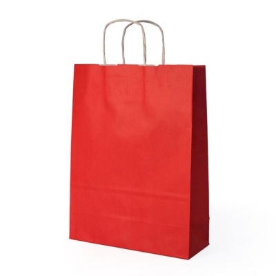 Saco de papel vermelho com pegas torcidas castanhas