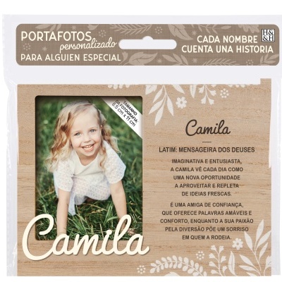 Porta-fotos personalizado de madeira com nome Camila e desenho floral