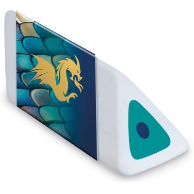 Produto triangular com desenho de dragão e escamas azuis.