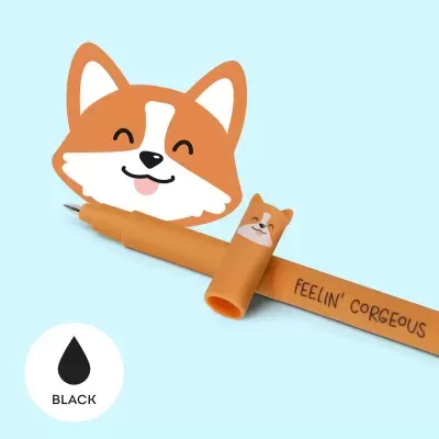 Caneta decorada com desgin de cão cor-de-laranja e branco e frase FEELIN' CORGEOUS
