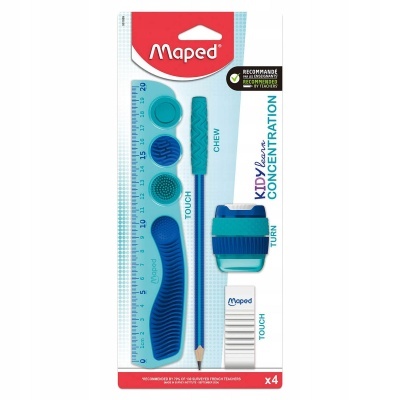 Kit escolar Maped com régua azul, lápis, apontador e borracha em embalagem.