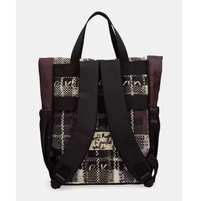 Mochila padrão xadrez bege, castanho e preto com tiras pretas almofadadas