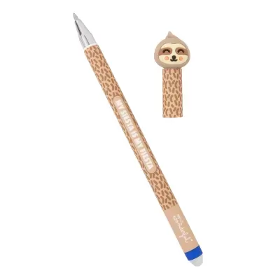 Caneta padrão pelagem bege com texto e tampa cabeça de preguiça