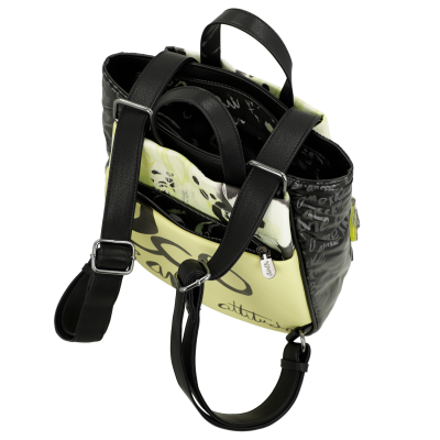 Mochila preta e amarela com alças ajustáveis e fecho de correr