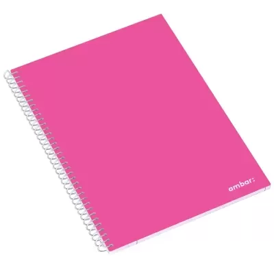 Caderno de argolas com capa rosa e texto 'ambar:' no canto