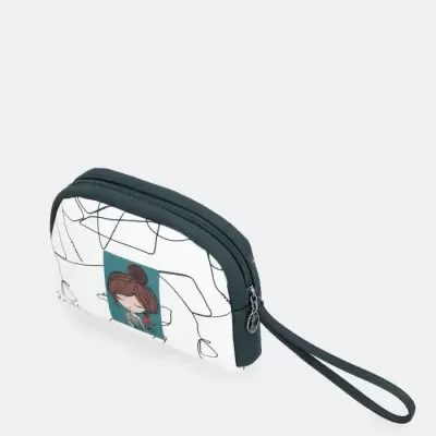 Estojo branco com padrão de linhas pretas e ilustração de rapariga e alça preta