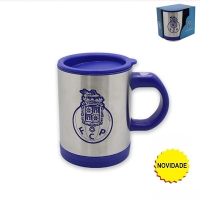 Caneca térmica em aço inoxidável com tampa e pega azuis e logotipo do Futebol Clube do Porto