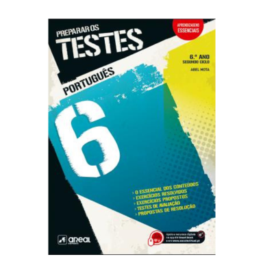 Capa do livro Preparar os Testes, Português 6.º Ano, com cores azul, amarelo e branco