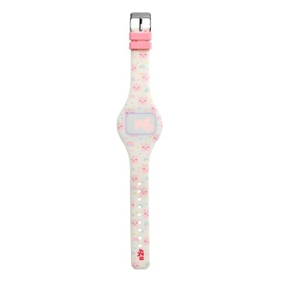 Relógio infantil digital com bracelete branco e padrão de corações coloridos