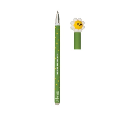 Caneta esferográfica verde com tampa de flor sorridente