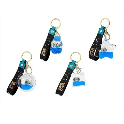 Quatro porta-chaves com pulseiras pretas e pendentes de plástico com líquido azul em várias formas