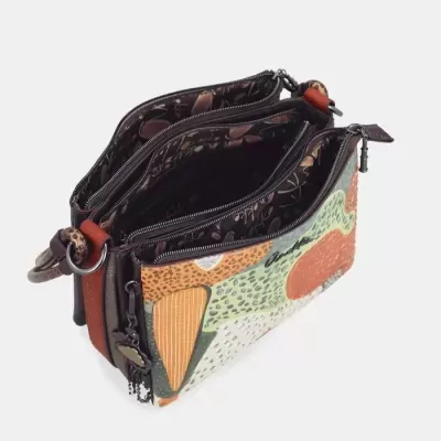 Bolsa transversal colorida com três compartimentos e fechos de correr