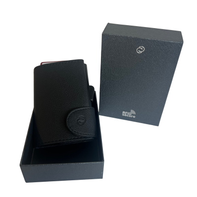 Carteira preta em pele com caixa preta e texto RFID secure