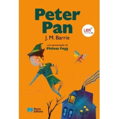 Capa do livro Peter Pan com ilustração de Peter Pan e casa azul.