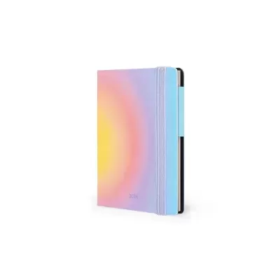 Agenda 2024 com capa em padrão degradê pastel e elástico azul claro