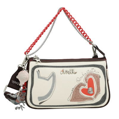 Mala branca Anekke com gato e coração, alça vermelha e corrente metálica