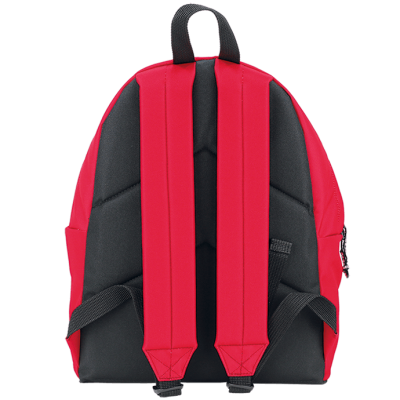 Mochila vermelha com alças pretas acolchoadas vista de costas