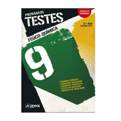 Capa de livro verde, amarelo e branco com textos para testes de Físico-Química do 9.º ano