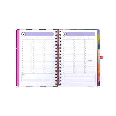 Agenda semanal com abas coloridas e páginas com dias da semana em português