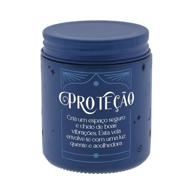 Vela azul com tampa e texto de proteção