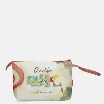 Necessaire creme com padrão colorido abstrato e texto Anekke