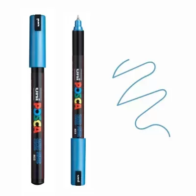 Canetas Uni POSCA PC-1M azuis com tinta azul e marcações visíveis.