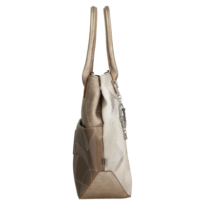 Mala senhora bege e branco padrão abstrato com alças e aplicação metálica