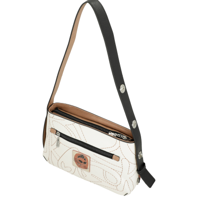 Mala branca com padrão castanho, alça preta e bolso frontal com fecho