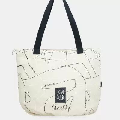 Saco de tecido bege com alças pretas e estampado abstrato