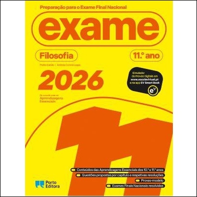 Livro amarelo com texto vermelho e preto para exame de Filosofia 11.º ano 2026