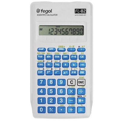 Calculadora científica branca Fegol FL-82 com teclado azul e visor digital