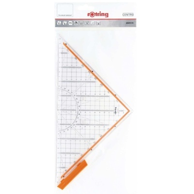 Esquadro transparente Rotring Centro com bordas laranja na embalagem
