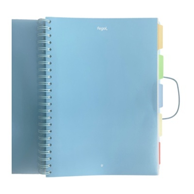Caderno de argolas azul com divisórias coloridas